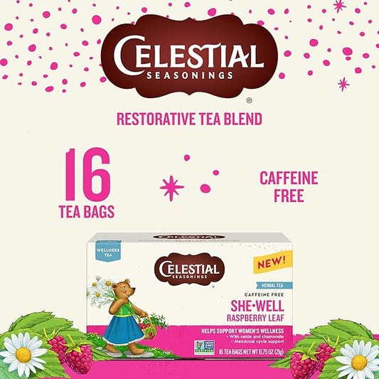 Celestial Seasonings SheWell Raspberry Leaf Wellness Tea, Caffeine Free, 16 Tea Bags Box
