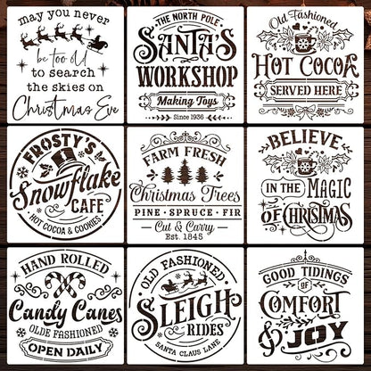 Christmas Stencils for Painting 12" Large Farmhouse Christmas Stencils for Crafts Reusable Santa Hot Coca Candy Cane Holiday Drawing Templates for Wood Fabrics Porch Hanger Winter Decor(XMS Rustic 9p)