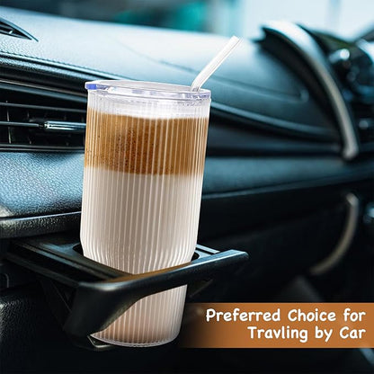 24oz Glass Tumblers with Lids and Straws 2PCS Ribbed Ice Coffee Glass Cups, Clear Thick Wall Water Iced Coffee Tumbler with Straw and Lid for Cold Beverages