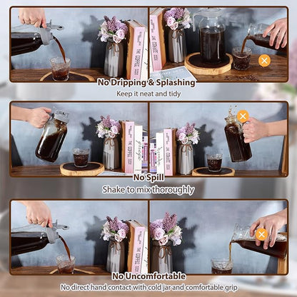 Cold Brew Coffee Maker Pitcher, 64 Oz Heavy Duty Wide Mouth Glass Mason Jar pour spout Lid with Stainless Steel Filter for Iced Coffee, Ice Lemonade, Fruit Drinks, Sun Tea