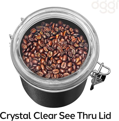 Oggi Stainless Steel Kitchen Canister 36 fl oz, Black - Airtight Clamp Lid, Clear See-Thru Top - Ideal for Kitchen Storage, Food Storage, Pantry Storage. Size 5" x 4.75".