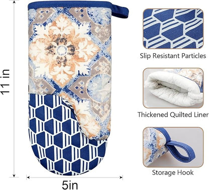 Thumb Oven Mitts, Heat and Slip Resistant Silicone Kitchen Mittens 2-Pack Set, Vintage Carpet Flower Soft Long Oven Gloves, Flexible Potholders for Safe Baking Cooking & Grilling (Dusty Blue)