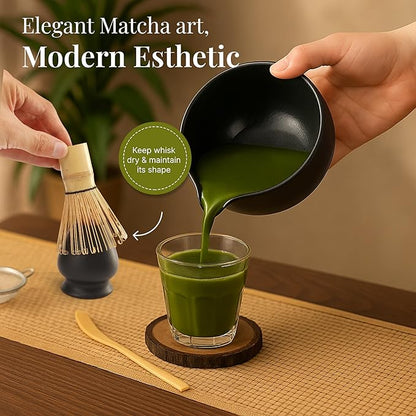 Matcha Whisk Set,includes Matcha Bowl,Matcha Whisk and Holder by Bamboo, Spout, Matcha Sifter Strainer Spoon Scoop Chasen Holder Towel- Perfect Japanese Matcha Set(8 Pcs black)
