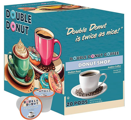 Double Donut Coffee Donut Shop Flavored Coffee Pods, Medium Roast Blend Coffee, Compatible with Keurig K Cup Brewer Machines, 20 Count (Pack of 2)