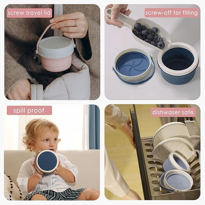No Spill Silicone Toddler Snack Containers, Detachable Silicone Flap for Filling&Cleaning, Crumb-Free Hard Plastic Screw Travel Lid, Ultra-Soft for Baby Kids Hand In-Out, Snack Cup Holder 12 oz