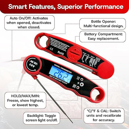 Meat Thermometer Digital Wireless with Cooking Tongs for Cooking & Grilling - Ultra-Fast Waterproof Food Thermometer with Backlight & Calibration for BBQ, Candy, Oven, Kitchen Essentials (Black/Red)