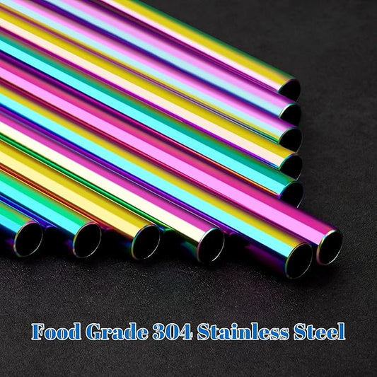 Tomorotec 8PCS Stainless Steel Straws for Stanley Tumbler 40oz, 12" Metal Straws for Stanley Cup with Brush, Reusable Drinking Straws for Smoothies, Milkshakes, Dishwasher Safe & BPA-Free (Iridescent)