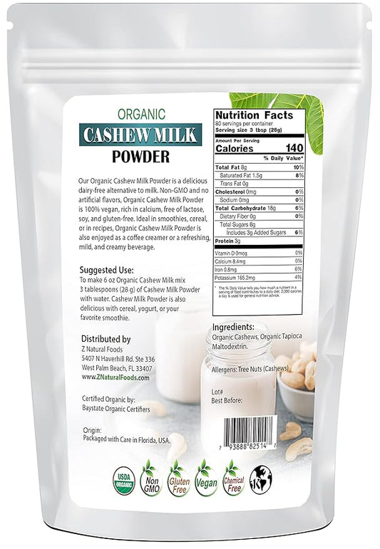 Z Natural Foods Organic Cashew Milk Powder - All Natural Creamer - Perfect For Coffee, Smoothies, Cereal, Drinks & Baking - Vegan, Gluten Free, Non GMO, Kosher, & Dairy Free - 5 lbs