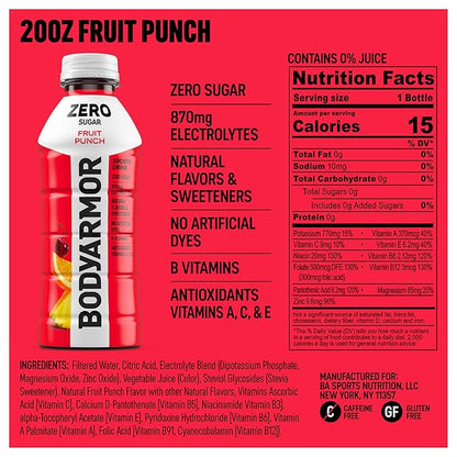 BODYARMOR ZERO Sugar Fruit Punch, Sugar Free Sports Drink - Low-Calorie Hydration - Natural Flavors with Potassium Packed Electrolytes, Antioxidants, and B-vitamins, 20 fl oz (pack of 6)