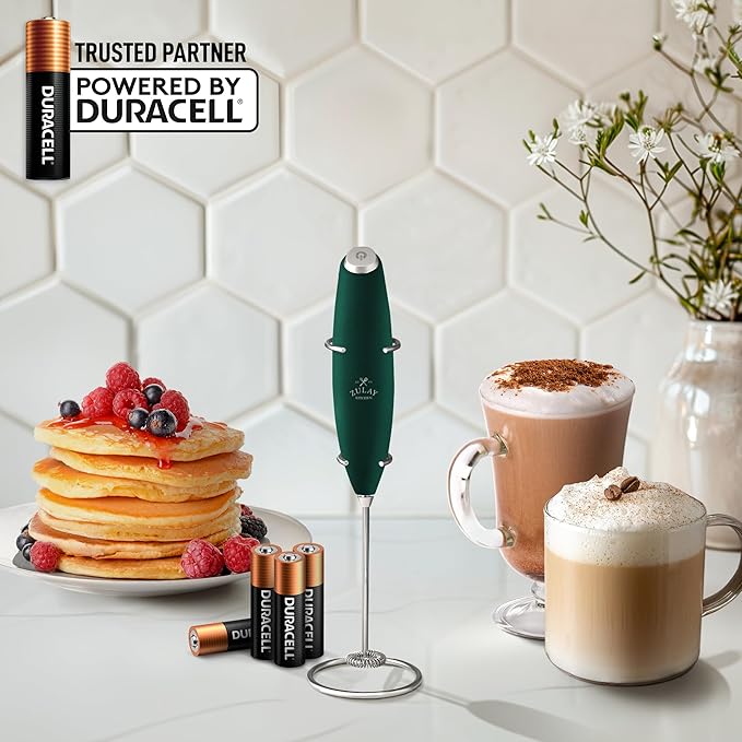 Zulay Kitchen Powerful Milk Frother Wand With 4 AA Duracell Batteries - Ultra Fast Handheld Drink Mixer - Electric Whisk Foam Maker for Coffee, Lattes, Cappuccino, Matcha & Creamer -