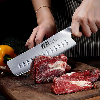7 Inch Nakiri Knife, Japanese High Carbon Stainless Steel Chef Knife, Multipurpose Meat Vegetable Sharp Kitchen Knife with Ergonomic Pakkawood Handle