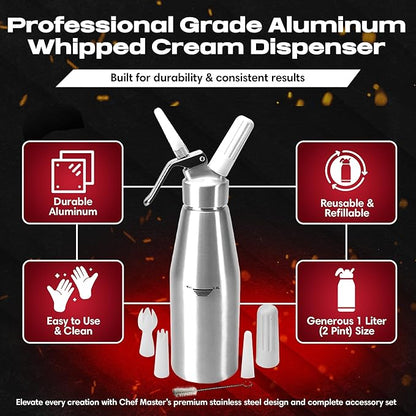 Chef Master (2 Pint / 1 Liter) Aluminum Whipped Cream Dispenser - Decorating Tips for Desserts, Coffee, Latte + Cleaning Brush - Whip Cream Dispenser Canister for Home, Bakery or Restaurant - 90077
