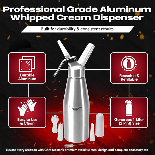 Chef Master (2 Pint / 1 Liter) Aluminum Whipped Cream Dispenser - Decorating Tips for Desserts, Coffee, Latte + Cleaning Brush - Whip Cream Dispenser Canister for Home, Bakery or Restaurant - 90077