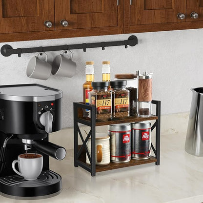 YINMIT Countertop Shelf Organizer,Coffee Bar Accessories,Spice Rack,Coffee Counter Shelf,2 Tier Coffee Organizer Station for Mugs,Cups,Cream,Syrup(Rustic Brown, Small)