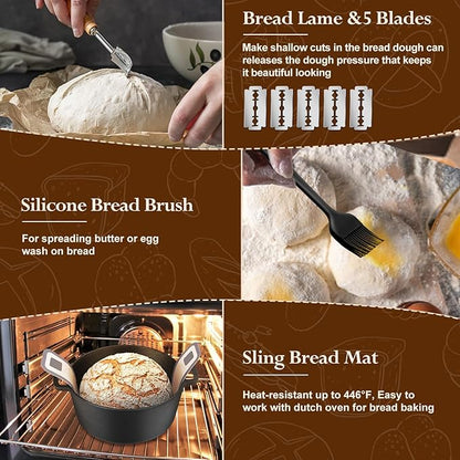 P&P CHEF Sourdough Bread Baking Supplies, 9” Round & 10” Oval Sourdough Proofing Baskets Starter Kit, Bread Making Tool Set with Cloth Liner Bread Lame Scraper Brush Dough Whisk