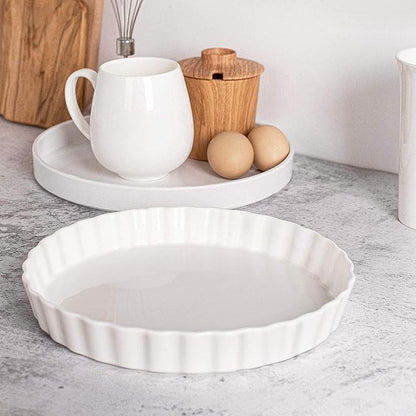 DELLING Set of 2 Tart Pans, 9.5 inch Quiche Pan, Ceramic Fluted Quiche Baking Dish/Pie Pan, Perfect for Baking Tart Pies and Chicken Pot Pie, Cheesecake, Creme Brulee, Round, White