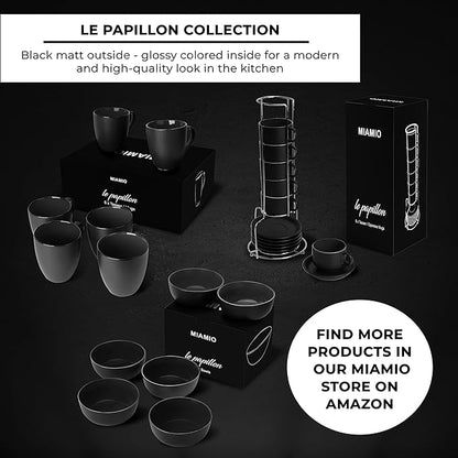 MIAMIO - 2.5 oz Espresso Cup Set with Saucers Coffee Mug Set of 6 - Ceramic Coffee Mug Stackable Espresso Mug with Stand for Coffee Drinks, Latte, Cafe Mocha - Le Papillon Collection (Black)
