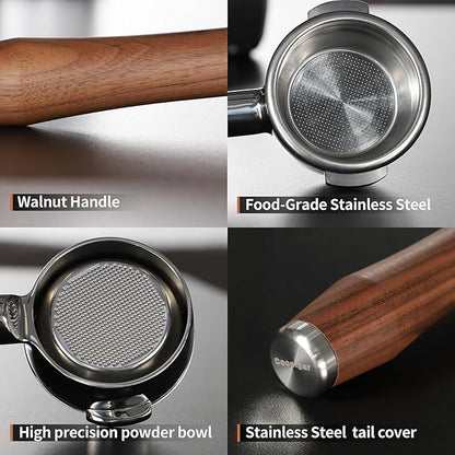 58mm Bottomless Portafilter | Fits for E61 Group Head 2 Ears machines| Stainless Steel portafilter and Walnut wood Handle|Espresso Machine Accessories(Walnut)