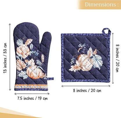 Maison d' Hermine 100% Cotton Oven Mitt & Pot Holder Set (7.5"x13" & 8"x8") Heat Resistant BBQ Cooking Gloves with Loop, Baking, Grilling, Kitchen, Handling Hot Pans (Pumpkin Blues)