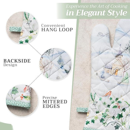 Maison d' Hermine Oven Gloves 100% Cotton Oven Mitt 7" x 13" with Loop Heat Resistant, BBQ, Cooking Gloves, Baking, Grilling, Kitchen, Handling Hot Pans (Pack of 1, Snowy World)