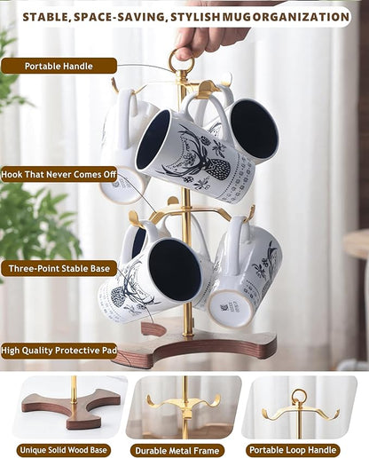 Gold Mug Holder Tree for Countertop | 2-Tier Coffee Mug Rack Holds 6 Large Mugs, 5oz to 20oz | Elegant Golden Cup Stand with Solid Wood Base | Kitchen Counter Organizer & Coffee Bar Accessories