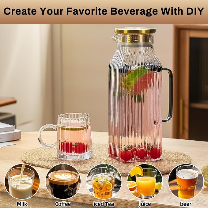 2 PACK Square Glass Pitcher with Lid and Spout,68 oz/2 Liter Vertical Stripes Water Pitcher for Fridge, Borosilicate Glass Water Carafe for Cold Brew, Coffee, Lemonade, Sun Tea,Heat Resistant