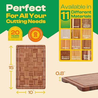 Riveira Bamboo End Grain Wood Cutting Board – Gourmet Bamboo Grandeur: 15 x 10 Wooden Cutting Boards – Wooden Cutting Boards For Kitchen Decorative – Innovative Juice Grooves End Grain Cutting Board
