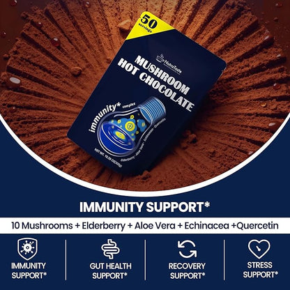 Mushroom Hot Chocolate, 50 Servings Cocoa Powder | 10 Mushrooms Supplements with Elderberry, Aloe Vera, Echinacea & Quercetin | Support Immunity, Gut & Stress Health | Vegan & Keto, Gluten-Free