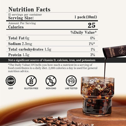 Cold Brew Mushroom Coffee, 15 Packets, Coffee Concentrate Liquid with 5 Adaptogenic Mushrooms, 100% Arabica Bean Extract for Immunity - Sugar Free, Keto, Vegan