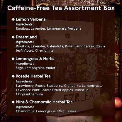 Decaf Herbal Tea Sampler – EZR Leaf 22ct Caffeine-Free Pyramid Bags, Assorted Fruit & Floral Blends with Lemon Verbena, Chamomile Mint, Dreamland, Roselle – Variety Tea Gift Set for Tea Lovers