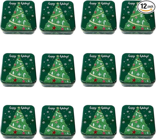 Metal Christmas Cookie Tins with Lids, 12 Pack Green Square Holiday Storage Containers, Durable & Stylish Storage Solution For Gift Giving, Cake, Candy & More