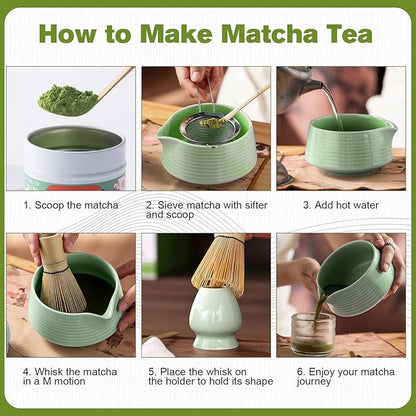 Matcha whisk Set, 8 PCS Ceramic Matcha Kit, Matcha Tea Set with Whisk, Ceramic Bowl, Sifter, Scoop, Holder, Stand, and Tea Towel, Gift for Matcha Lover