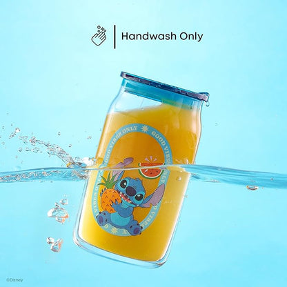 JoyJolt Disney Stitch Island Vibes Glass Tumblers with Lids and Straws, 16oz Glass Cups with Lids and Straws, Can Shaped Drinking Glasses Set of 4, Stitch Stuff, Disney Gifts for Adults