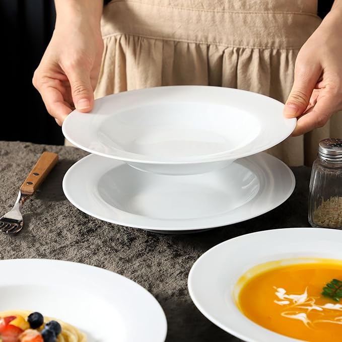 fMBB Ceramic Soup Bowls Shallow Plates, 4 Pack White Dinner Bowls Plates, Porcelain Wide Rim, 8.5 Inch (8.5 oz) Shallow Bowls - Ideal for Soup, Dessert, Salad and Pasta, Microwave and Dishwasher Safe