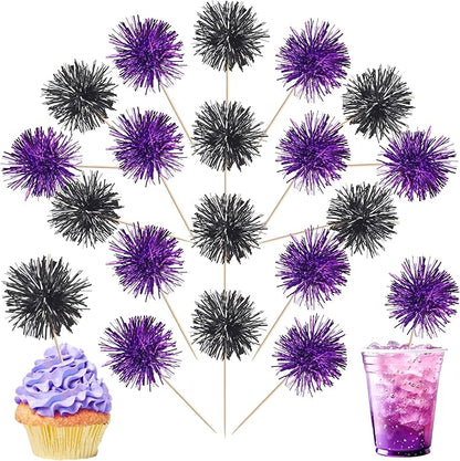 40 PCS Foil Firework Cupcake Toppers Sparkle Tinsel Cupcake Picks Fireworks Birthday Party Decorations Cocktail Fruit Toothpick for Birthday Wedding Graduation Party Decorations Supplies Black Purple