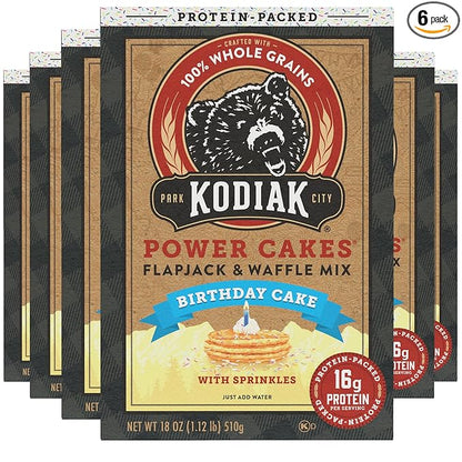 Kodiak Cakes Power Cakes - Protein Pancake Mix & Waffle Mix - 100% Whole Grain- Birthday Cake Flavor (Pack of 6)