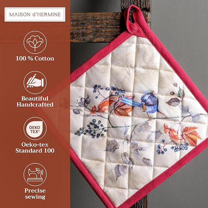 Maison d' Hermine Pot Holders Set 100% Cotton Heat Resistant Potholders 8" x 8" Hot Pads with Loop BBQ, Cooking, Baking, Grilling, Kitchen, Handling Hot Pans (Pack of 2, Equinoxe - Beige)