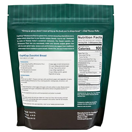 Cup4Cup Wholesome Flour, 2 Pounds, Certified Gluten Free, 1:1 Whole Wheat Flour Substitution, Dairy Free, Non-GMO, Kosher, Made in the USA