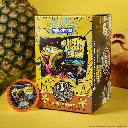 Bones Coffee Company Spongebob Bikini Bottom Brew, Pineapple Upside Down Cake Flavored Coffee Pods, Low Acid Medium Roast Single-Serve Bones Cups, For 1.0 & 2.0 Capsule Brewers Coffee Maker, 12 Count