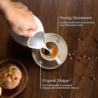 KooK Espresso Mug and Saucer Set, Ceramic Cups and Plates with Rustic Organic Shape and Feathered Texture, Dishwasher and Microwave Safe, 2.7 oz, Set of 4, Neutral Multicolor