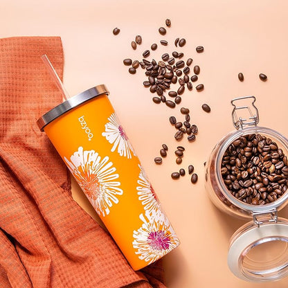 bzyoo SUP Double Wall Vacuum Insulated Tumbler with Straw and Lid Stainless Steel Water Bottle Travel Mug Cup, Mother's Day Gifts For Him & Her (710ml) Color: Orange Precious Bloom