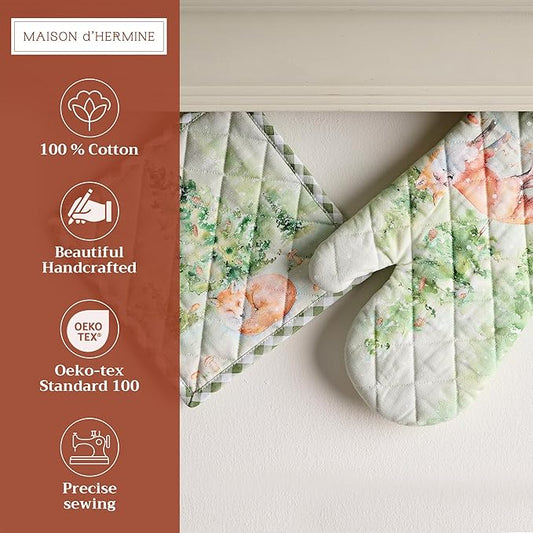 Maison d' Hermine 100% Cotton Oven Mitt & Pot Holder Set (7.5"x13" & 8"x8") Heat Resistant BBQ Cooking Gloves with Loop, Baking, Grilling, Kitchen, Handling Hot Pans (Winter Mornings)