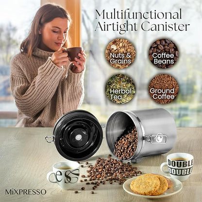 Mixpresso 16 Oz Coffee Canister with Scoop, Stainless Steel Airtight Coffee Container, Air tight Jar Tea Storage with Date Tracker, Vacuum Sealed Espresso Airtight Canister, Sugar Container for Home