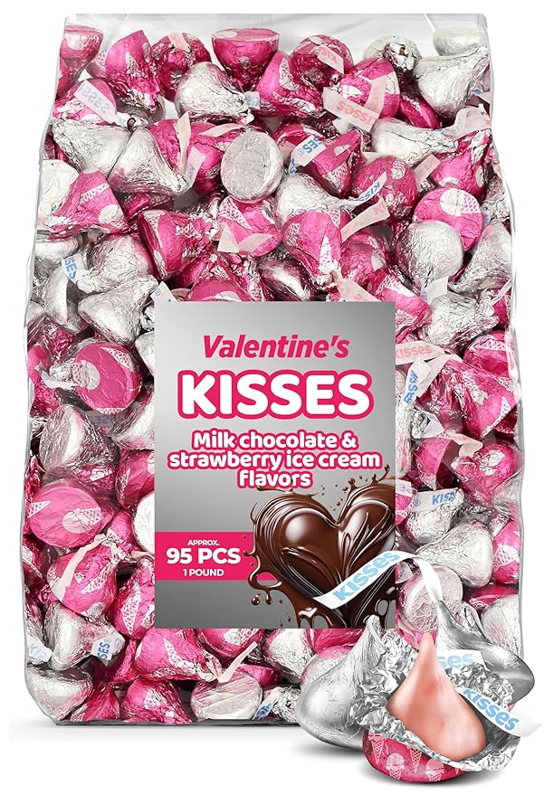 Kisses Milk Chocolate & Strawberry Ice Cream Mix – 1 lb Bag (Approx. 95 Pieces) in Silver & Pink Foils – Perfect Valentine's Candy for Gift Bags, Candy Bowls, Party Favors, and Baking Decorations