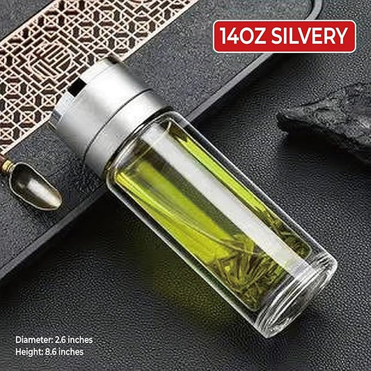 Glass Water Bottle Fits in Car Cup Holder, 14 oz Double Wall Borosilicate Glass Tea Infuser Bottle, One Handed One Key Lid Opening, for Car, Home, Office
