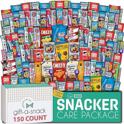 Gift A Snack - Thanksgiving, Holiday, Christmas Stocking Stuffer Snack Box Variety Pack Care Package + Greeting Card (150 Count) Birthday Sweet Treats Gift Basket, Candies Chips Crackers Bars