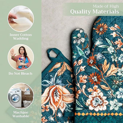 Maison d' Hermine 100% Cotton Oven Mitt & Pot Holder Set (7.5"x13" & 8"x8") Heat Resistant BBQ Cooking Gloves with Loop, Baking, Grilling, Kitchen, Handling Hot Pans (Luxury Loft-Dark Teal)