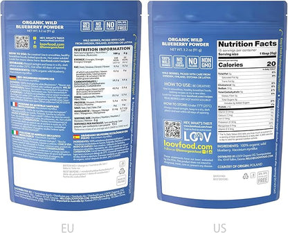 LOOV Organic Wild Blueberry Powder - 15-Day Supply, 3.2 Oz, Good for Smoothie & Breakfast, Freeze-Dried, from Northern Europe, No Added Sugar