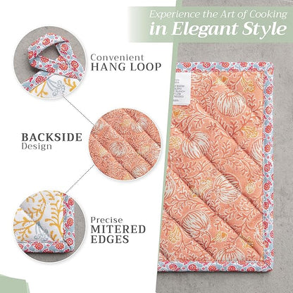 Maison d' Hermine Pot Holders Set 100% Cotton Heat Resistant Potholders 8" x 8" Hot Pads with Loop BBQ, Cooking, Baking, Grilling, Kitchen, Handling Hot Pans (Pack of 2, Harvest Festival)
