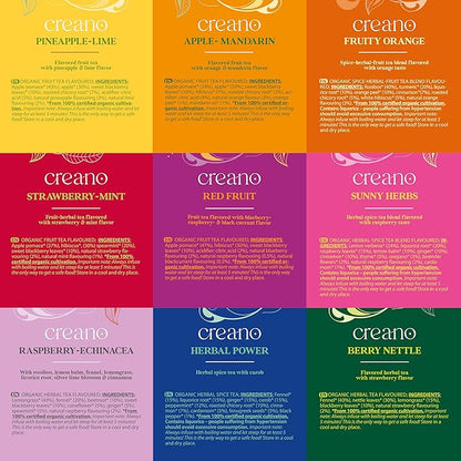 Creano Organic Fruit Tea Herbal Tea Gift Set – 45 Organic Tea Bags in 9 Dreamy Varieties – 90 g